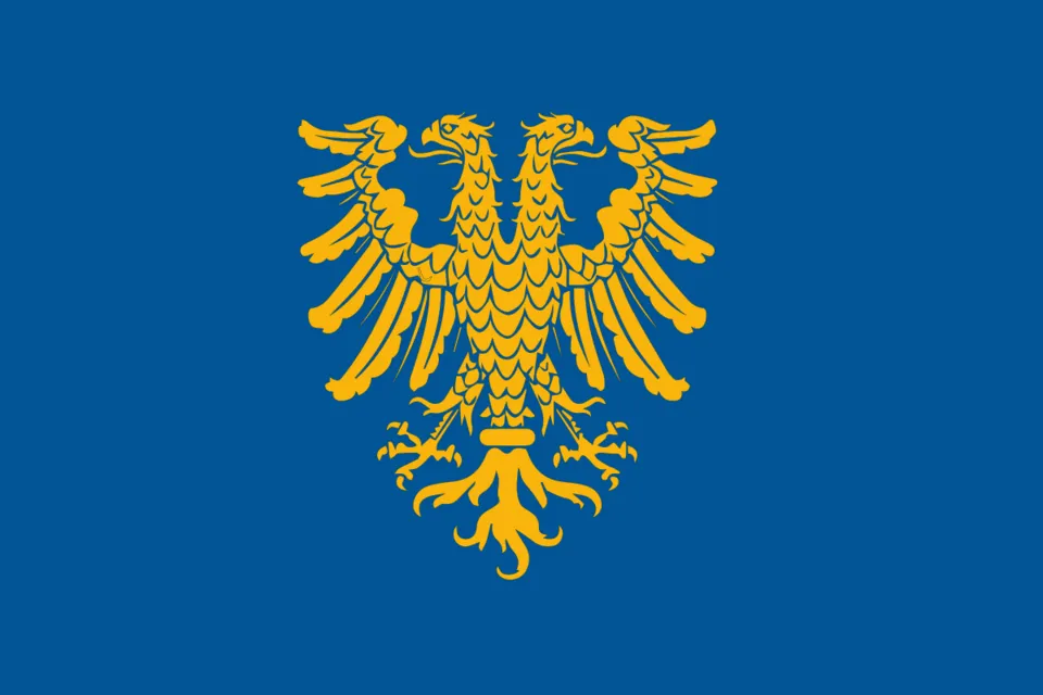 Diese Fahneninterpretation des Arianiti Wappens verweist auf den politischen Rang der Familie Arianiti im spätmittelalterlichen Albanien.