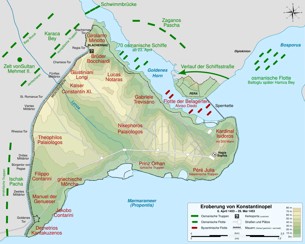 Karte der Belagerung von Konstantinopel 1453. Sie zeigt die Lage der byzantinischen Verteidiger und der osmanischen Truppen rund um die Stadt.