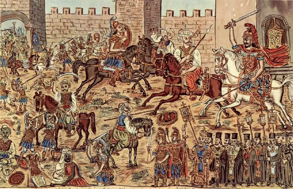 Darstellung von Kaiser Konstantin dem Elften Palaiologos, dem letzten byzantinischen Herrscher. Er fiel bei der Verteidigung Konstantinopels während des Endkampfes 1453.