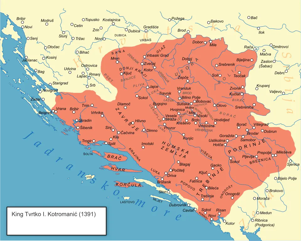 Karte des mittelalterlichen bosnischen Staates im Jahr 1391, zur Zeit von König Tvrtko I. Kotromanić. Sie zeigt die größte Ausdehnung Bosniens als Machtzentrum des westlichen Balkans.