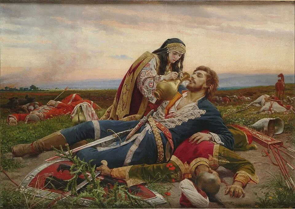 Die Kosovo Maid hilft einem verwundeten Kämpfer nach der Schlacht. Das Bild passt sehr gut zur traurigen und mythischen Stimmung der Erzählung.