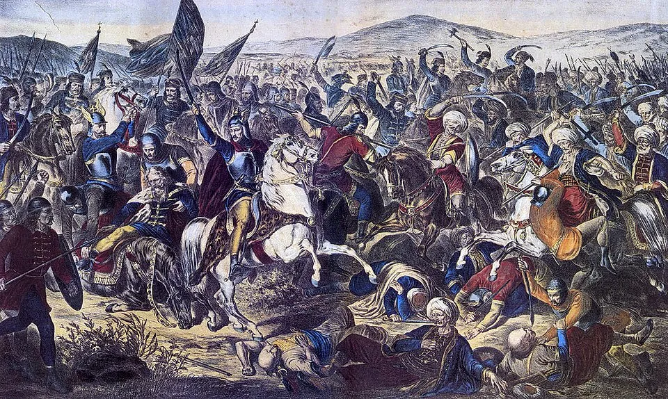 Die Schlacht auf dem Amselfeld in einer historischen Darstellung aus dem neunzehnten Jahrhundert. Das Bild eignet sich perfekt für den Prolog und das zerstörte Schlachtfeld.