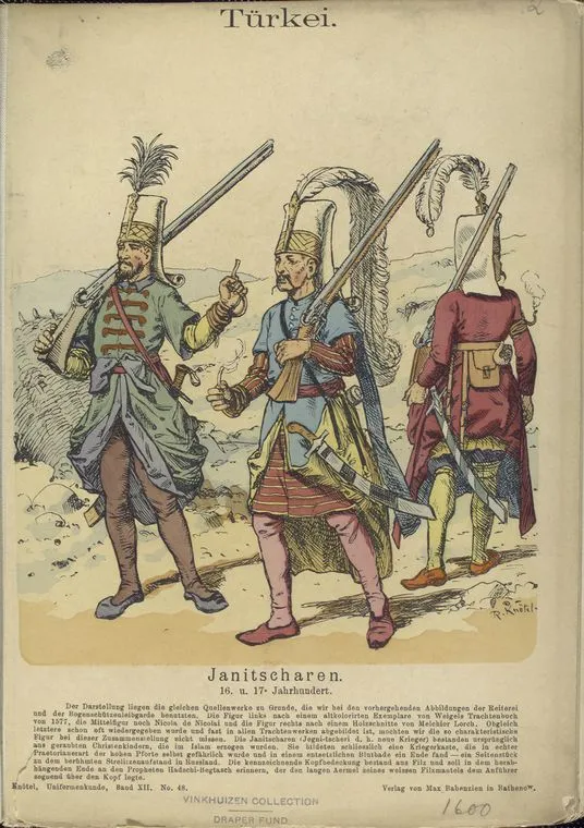 Janitscharen in historischer Uniformdarstellung. Die Eliteinfanterie des Sultans wurde über Jahrhunderte zu einem Symbol osmanischer Militärmacht.