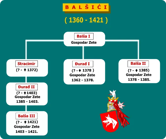 Stammbaum der Balšić Familie. Er eignet sich gut, um Jelas dynastische Verbindung zur Balsha Linie visuell einzuordnen.