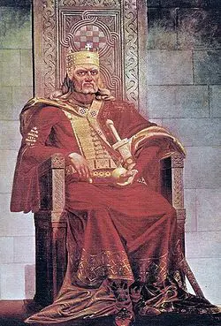 König Tomislav in einer späteren historischen Darstellung von Oton Iveković. Das Bild zeigt nicht den echten Tomislav, sondern die spätere Erinnerung an ihn als ersten König Kroatiens.