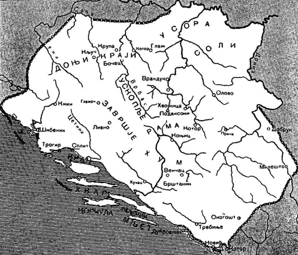 Diese Karte zeigt Bosnien zur Zeit König Tvrtkos des Ersten und veranschaulicht die territoriale Ausdehnung seiner Herrschaft.