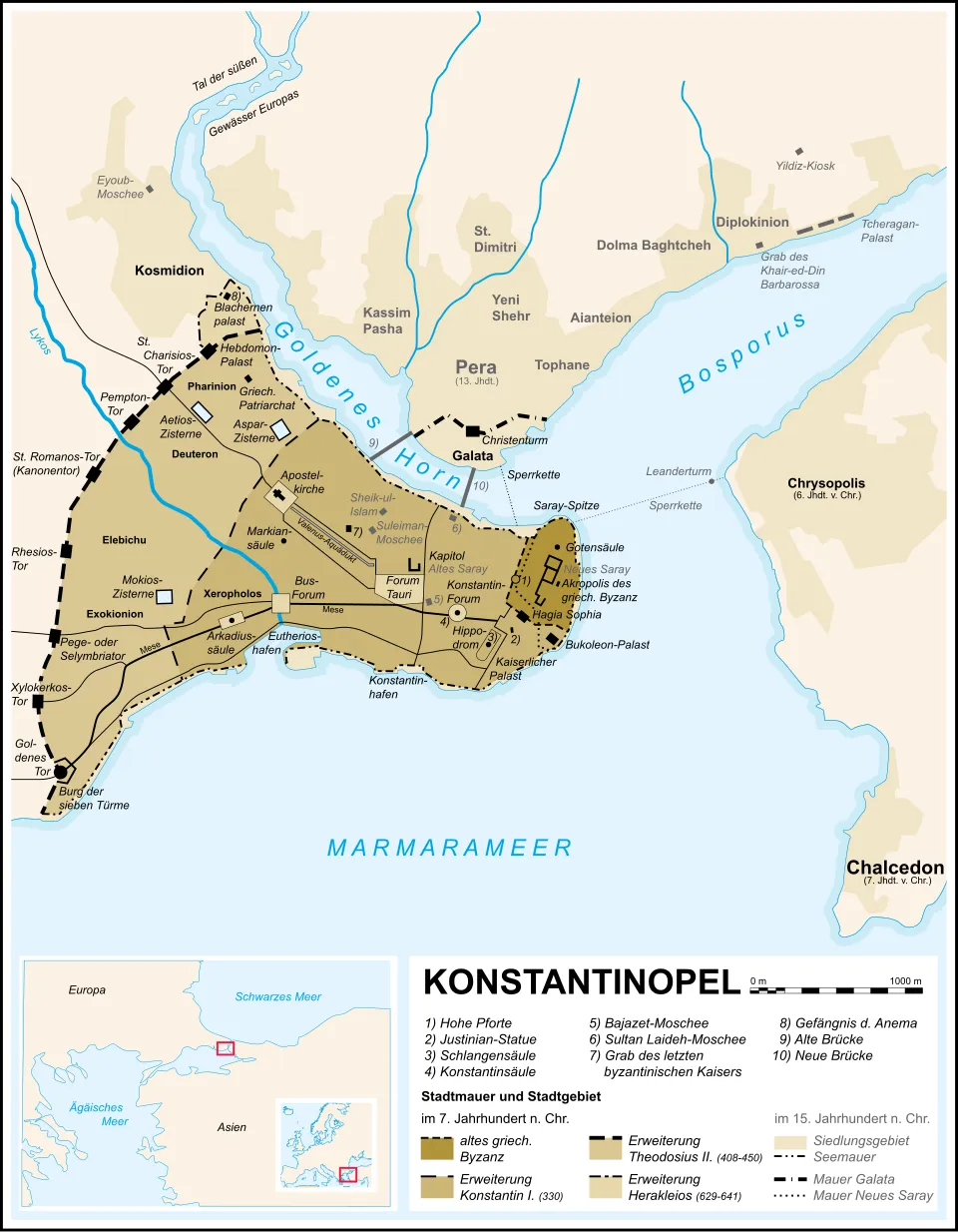 Historische Karte Konstantinopels. Sie zeigt die Lage der Stadt am Bosporus und ihre strategische Bedeutung zwischen Europa und Asien.