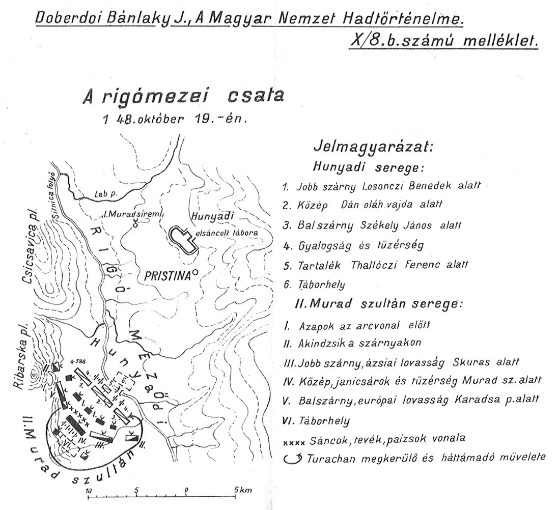 Schematische Darstellung der Aufstellung von Hunyadis und Murads Truppen bei Kosovo 1448.