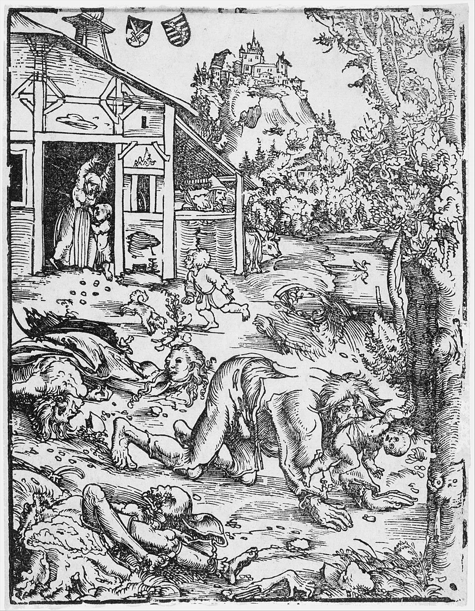 Diese historische Darstellung eines Werwolfs oder Menschenfressers verbindet düstere Volksvorstellungen mit der Angst vor dem schädlichen Wesen.