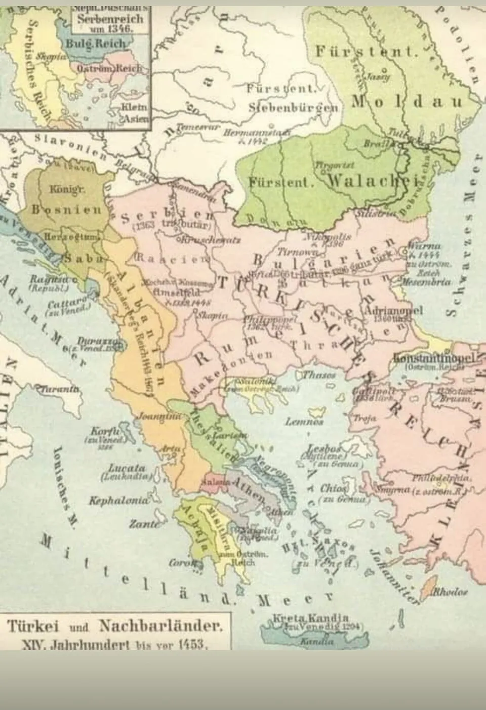 Karte der Liga von Lezhë um 1450. Sie zeigt den Herrschaftsraum des Bündnisses zur Zeit seiner größten Ausdehnung.