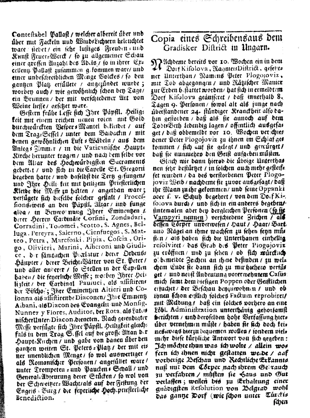 Die erste Seite des Berichts über den Fall Peter Plogojowitz im Wienerischen Diarium vom 21. Juli 1725.
