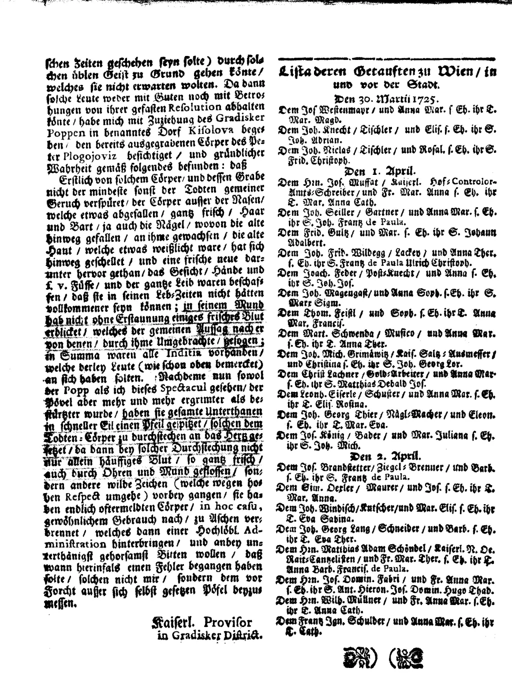 Die zweite Seite des Wiener Berichts von 1725, in dem der Fall Petar Blagojević weiter beschrieben wird.