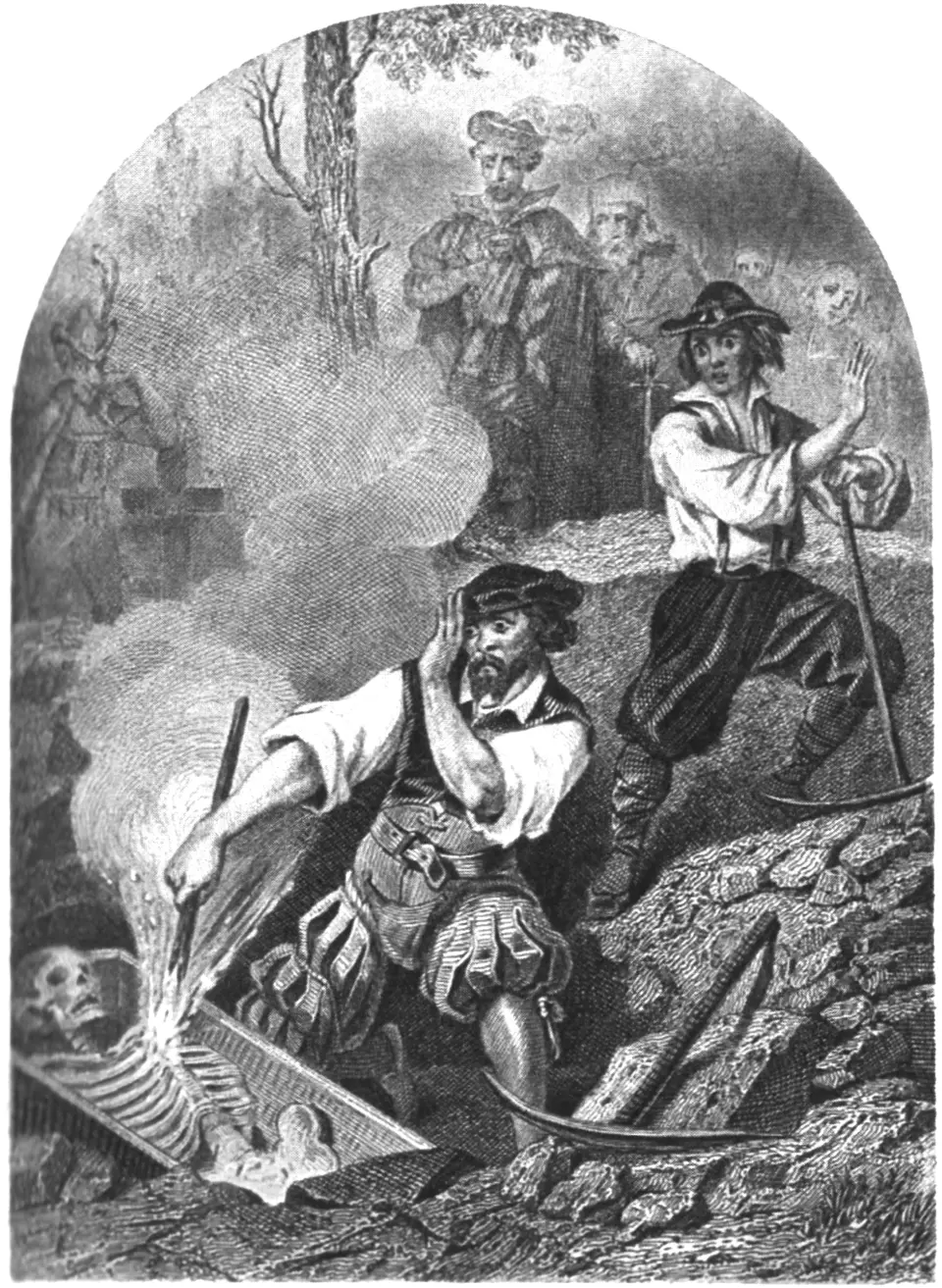 Eine Darstellung aus dem neunzehnten Jahrhundert zeigt die Pfählung eines vermeintlichen Vampirs und verweist auf ähnliche Vorstellungen in Ost- und Südosteuropa.