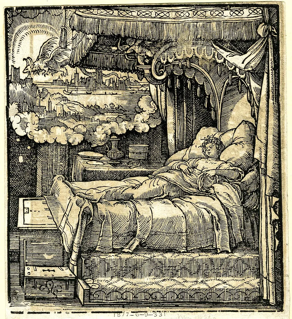 Historische Darstellung von Vojsava Kastrioti als Mutter Skanderbegs. Das Motiv greift die bekannte Erzählung vom Traum von Skanderbegs Mutter auf.