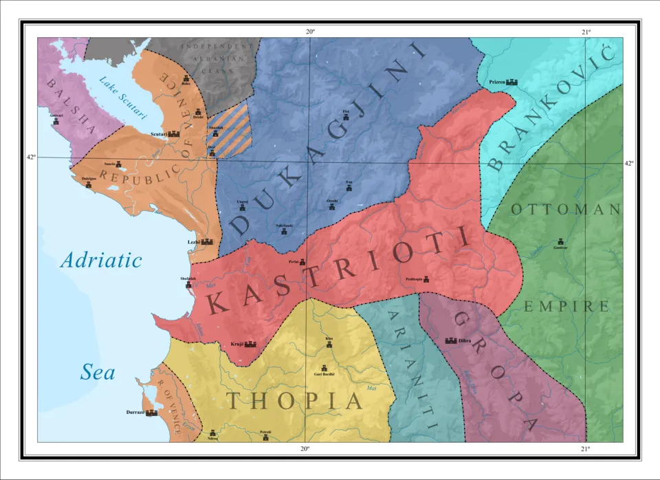 Diese Karte zeigt die Herrschaftsgebiete der Kastrioti um 1420 und hilft, den politischen Raum von Vojsava und ihrer Familie einzuordnen.