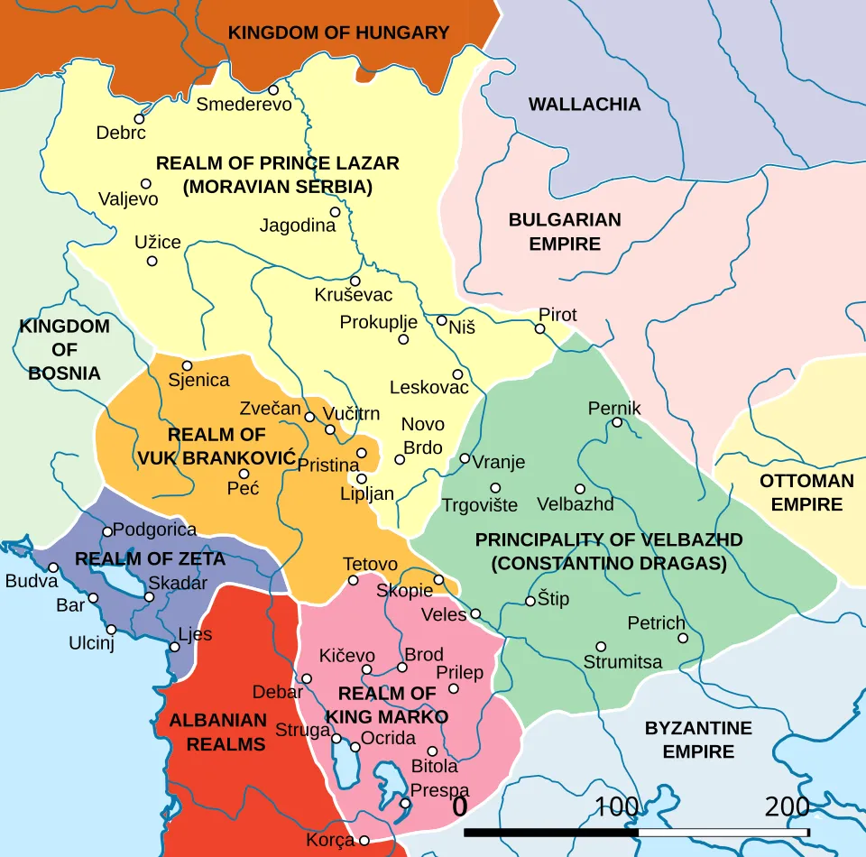 Karte des zentralen Balkans im späten vierzehnten Jahrhundert. Sie eignet sich gut, um den politischen Raum zu zeigen, in dem auch Vuk Branković seine Macht ausübte.