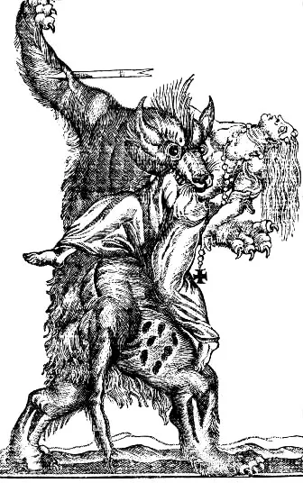 Diese alte französische Darstellung eines Loup garou zeigt, wie der Werwolf auch in Westeuropa als bedrohliches Wesen vorgestellt wurde.