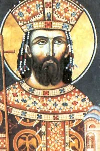 Fürst Lazar Hrebeljanović in einer Freskendarstellung aus dem Kloster Ravanica. Die Darstellung zeigt ihn als Herrscher und später verehrte Heiligenfigur.