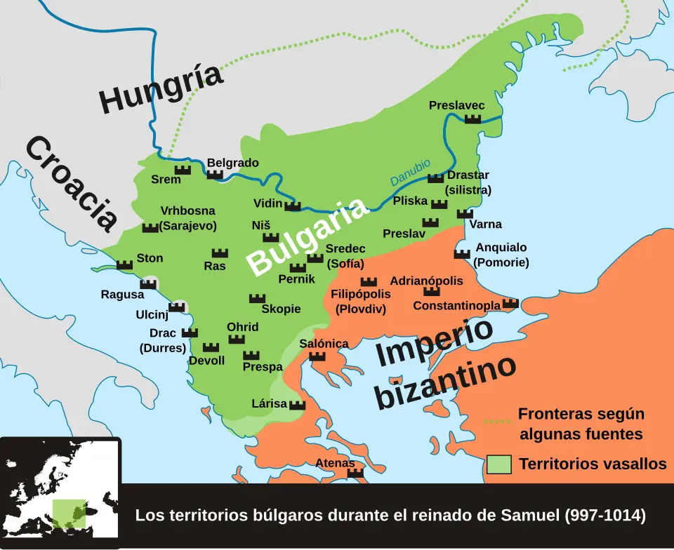Karte der bulgarischen Gebiete zur Zeit Zar Samuils zwischen 997 und 1014. Sie zeigt, wie stark sich das Machtzentrum des Reiches in den westlichen Balkan verlagerte.